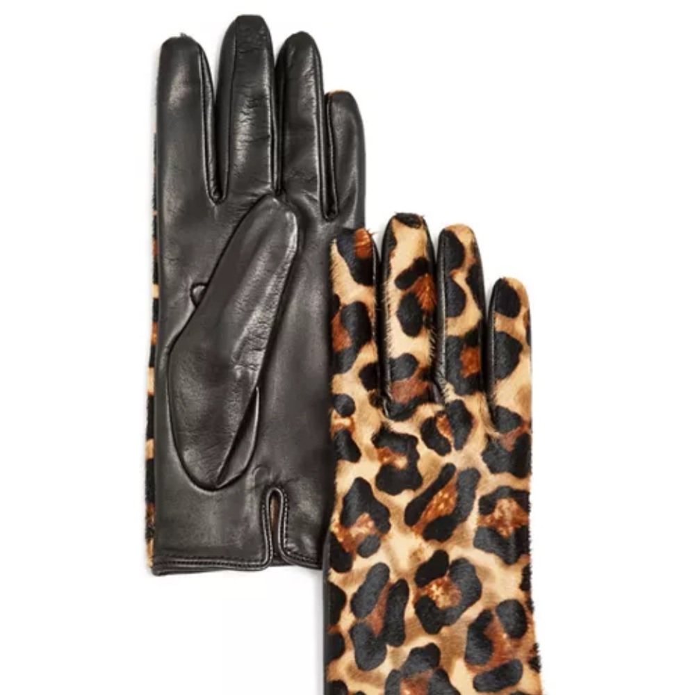 Bloomingdale's Leopard Print Black Brown Leather Gloves